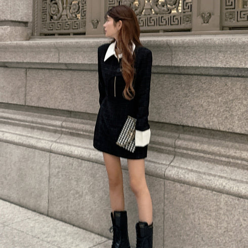 Asymmetry buckle tweed dress